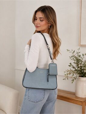 GUESS Light Blue Embossed Logo Shoulder Bag with Phone Pouch